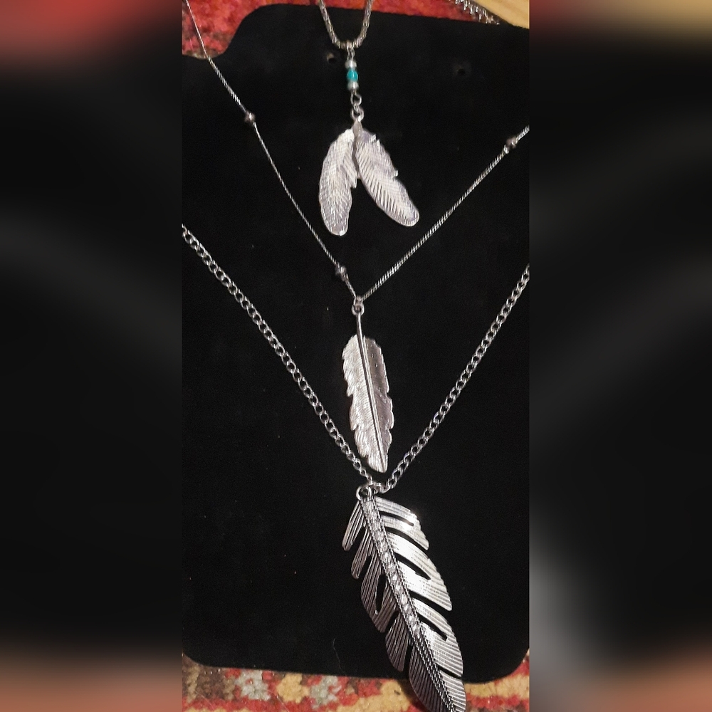 Set of 3 feather bohemian silvertone necklace solo wear or layering minimalist